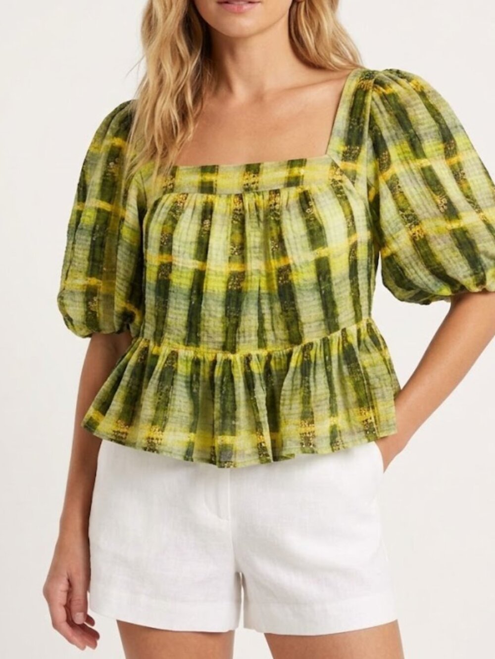 Marie Oliver Kaylee Peplum Top M Green Yellow Plaid Silk Linen